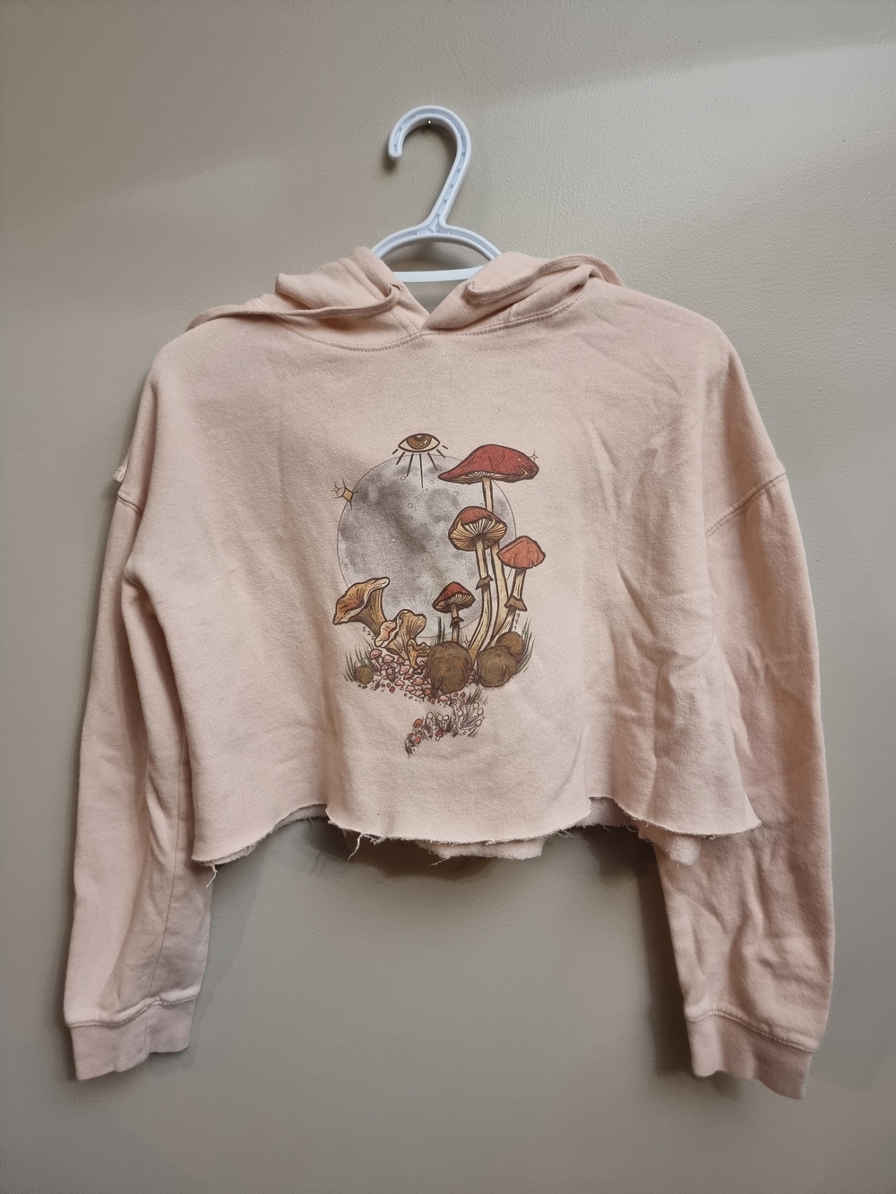 Women’s Cropped Mushroom Graphic Hoodie Sweater - Light Peach